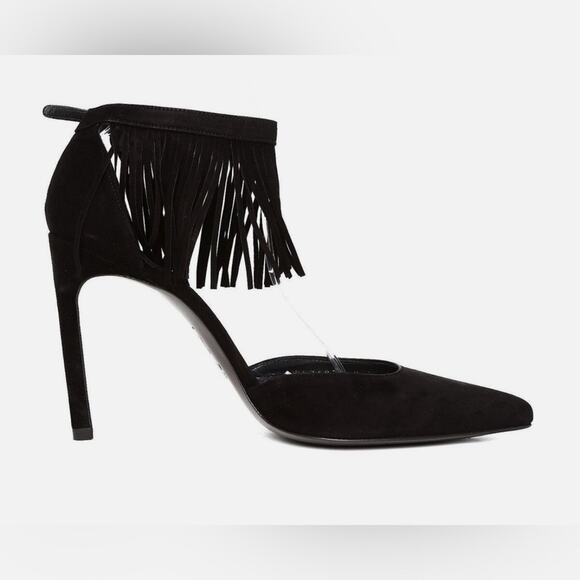 Stuart Weitzman Fringelica Fringe Suede Ankle Strap Pump Black Women Sz 7.5 M - Picture 2 of 16